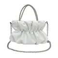 White ruched cloud handbag with crystal top handles and silver chain strap - White