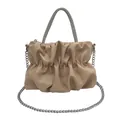 Chic beige ruched cloud bag with rhinestone handle and silver chain strap for women - Khaki