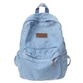 Light blue denim casual backpack with front pocket and leather zip pulls for students - Light Blue