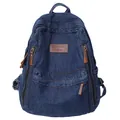 Großer dunkelblauer Denim-Rucksack mit braunem Lederpatch und Reißverschlusstaschen - Dunkelblau