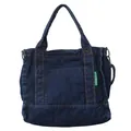 Borsa tote in denim blu scuro con cuciture a contrasto arancioni e tasche laterali - Blu scuro
