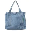 Borsa tote in denim lavato azzurro con tasca frontale ed etichetta verde - Azzurro