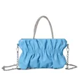Elegant light blue pleated cloud bag with rhinestone handle and silver chain strap - Blue