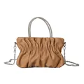Light coffee pleated cloud bag with sparkling rhinestone handles and chain strap - Khaki