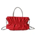Elegant red pleated cloud handbag with diamond handle and silver chain strap - Red