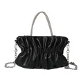 Black pleated cloud bag with rhinestone handle and silver chain strap for women - Black