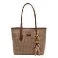 Bolso tote de pata de gallo marrón con etiqueta de cuero y llavero de conejo - Tipo estándar / Marrón