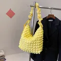 Vibrant yellow pleated cloud shoulder bag with textured bubble fabric and strap - Yellow