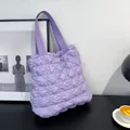 Quilted lavender puffer tote bag with textured bubbles and wide shoulder straps - Purple