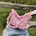 Pink popcorn textured puffy tote bag with pleated shoulder strap and quilted cloud design - Pink