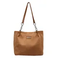 Bolso tote de pana marrón con correa de cuero y detalle de cadena de metal - Caqui