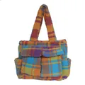 Fleece checkerboard tote bag with multi-pocket design and cozy lamb wool texture - Blue