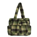 Borsa tote a scacchi verdi in finta lana di agnello con tasche anteriori a patta - Verde