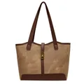 Bolso tote vintage marrón con ribete de cuero y cierre giratorio dorado - Caqui