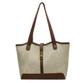 Bolso tote retro de lona y cuero marrón con cierre giratorio dorado en beige y marrón - Blanco Roto
