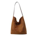Minimalist large brown suede hobo tote bag with slim shoulder strap on white background - Brown
