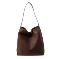 Minimalist large-capacity tote bag in dark brown faux suede with wide shoulder strap - Brown