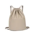 Khaki drawstring nylon backpack with spacious front pocket for sports and travel use - Khaki
