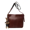 Vintage bruine leren emmertas met konijnenbedeltje en brede schouderriem met patroon - Bruin