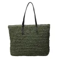 Green woven straw tote bag with brown shoulder straps for summer beach or commute - Green