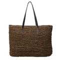 Handwoven straw tote bag in tan with dark brown leather straps and spacious interior - Coffee