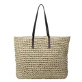 Beige straw woven tote bag with dark brown leather handles for summer commuting - Khaki