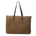 Large woven straw tote bag in camel beige with contrasting dark brown leather straps - Brown