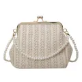 French vintage beige woven handbag with kiss-lock pearl closure and pearl chain strap - Style 1