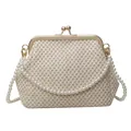 Beige woven clutch bag featuring a gold clasp frame and elegant white pearl chain strap - Style 2