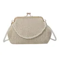 Elegant off-white woven shell handbag with gold clasp and luxury pearl top handle - Style 3