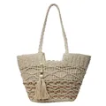Bolso tote bohemio de paja tejida en beige y marrón claro con colgante de borlas - Estilo 1 Blanco