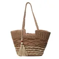 Bolso tote bohemio de paja marrón con rayas crema y colgante de borla decorativa - Marrón (Estilo 1)