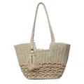 Bolso tote bohemio de paja beige con rombos marrones y detalles de borlas y cuentas - Estilo 2 Blanco Crema