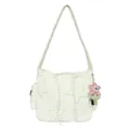 Cremeweiße Cord-Schultertasche mit Sternen-Patches und rosa Plüsch-Stern-Schlüsselanhänger - Einzelne Tasche / Gebrochenes Weiß