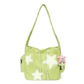 Hellgrüne Cord-Schultertasche mit Sternen-Patches und rosa Smiley-Stern-Anhänger - Einzelne Tasche / Limette
