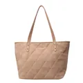 Beige quilted tote bag with diamond stitching and gold rivets in a minimalist style - Khaki