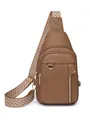 Brown lychee leather chest bag featuring a colorful geometric pattern wide shoulder strap - Khaki