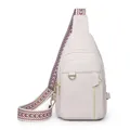 Chic off-white pebbled leather sling bag with colorful woven geometric shoulder strap - White