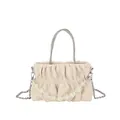 Chic pleated handbag in cream white with rhinestone handle and bead chain strap - Off White