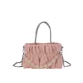 Pink pleated dumpling bag with silver woven handle and amber beaded decorative chain - Pink