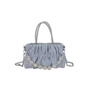 Light blue pleated shoulder bag with metallic chain handle and beaded decoration - Blue