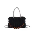 Chic black pleated velvet handbag with amber beaded handle and silver chain strap - Black