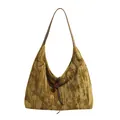 Hobo-Tasche in Senfgold mit Faltenstruktur und braunem Schultergurt mit Perlendetail - Grün