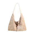 Minimalistische beige Falten-Achseltasche mit Vintage-Textur und rotem Perlendetail - Beige
