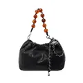 Sac seau plissé noir avec poignée en perles d'ambre et breloques en chaîne argentée - Noir