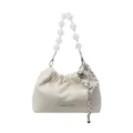 Sac à main blanc cassé avec perles, texture velours et bandoulière chaîne argentée - Blanc Cassé