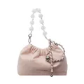 Sac seau en velours rose clair avec poignée en perles blanches et chaîne - Rose