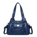 Sac à main bleu foncé multicouche en cuir matelassé avec plaque en métal argenté - Bleu