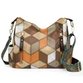 Borsa hobo retrò con patchwork in pelle e tracolla in tessuto colorato vivace - Marrone Patchwork