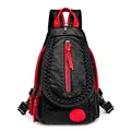 Sporty black and red washed leather backpack for women with pebbled texture finish - ZHENMEISHA Logo Style / Black And Red Contrast (Red Label)